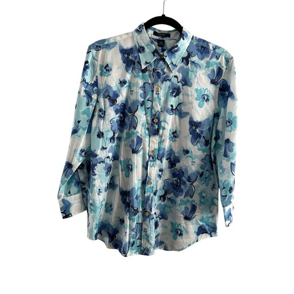Chaps At the Seashore Womn L White/Blue Floral 3/4 Sleeve Gold Button Blouse NWT - Picture 1 of 11